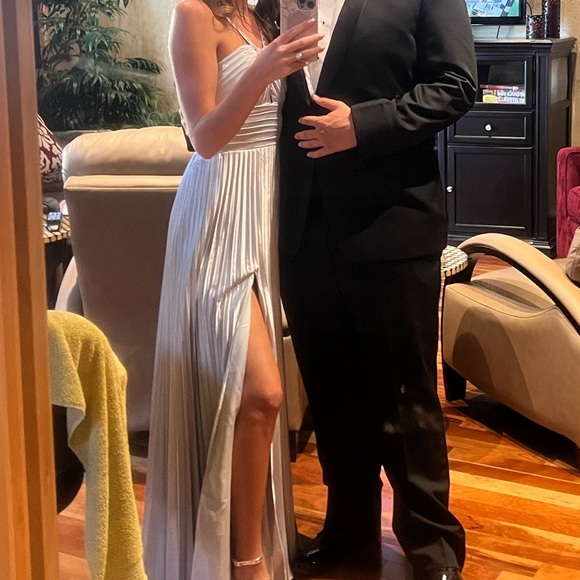 Sparky Satin A Line Pleated Formal Party Evening Gown W/Slit - Picture 3 of 4